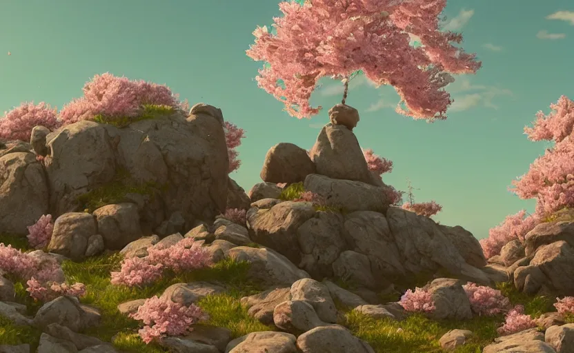 Image similar to cherry blossoms in the rocky hills, Low level, rendered by Beeple, Makoto Shinkai, syd meade, simon stålenhag, synthwave style, digital art, unreal engine, WLOP, trending on artstation, 4K UHD image, octane render,