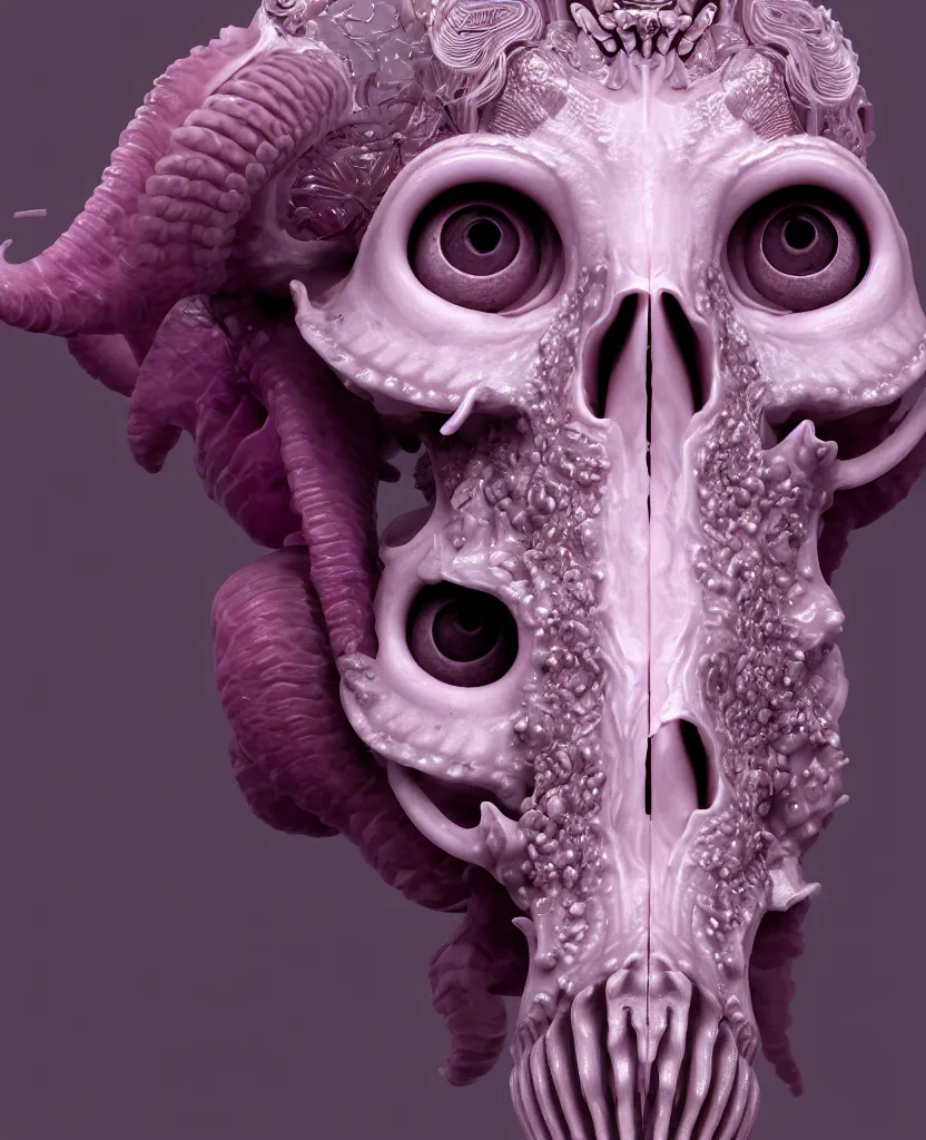 Image similar to goddess princess face close-up portrait ram skull. hard surface modelling zbrush. jellyfish phoenix head, nautilus, orchid, skull, betta fish, bioluminiscent creatures, intricate artwork by Tooth Wu and wlop and beeple. octane render, trending on artstation, greg rutkowski very coherent symmetrical artwork. cinematic, hyper realism, high detail, octane render, 8k