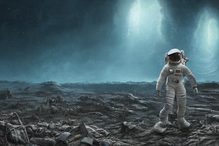 Image similar to distant low angel photograph of an astronaut exploring an abandoned alien planet with alien skeletons, alien skulls, fallen kingdom city ruins, science fiction, detailed space suit, cinematic, hypermaximalist, detailed, 4k, 8k, breathtaking stars, surrealism, distant, concept art, digital art, sharp focus, reflections, RTX, octane render, acid pixie, Trending on DeviantArt