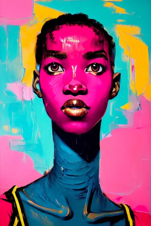 Image similar to portrait of a stylized african young lady, painted in acrylic, pigment textures, wet paint, in the colors hot pink and cyan, beautiful realistic face, rule of thirds, spotlight, by greg rutkowski, by jeremy mann, by francoise nielly, by van gogh, by ross tran, in focus