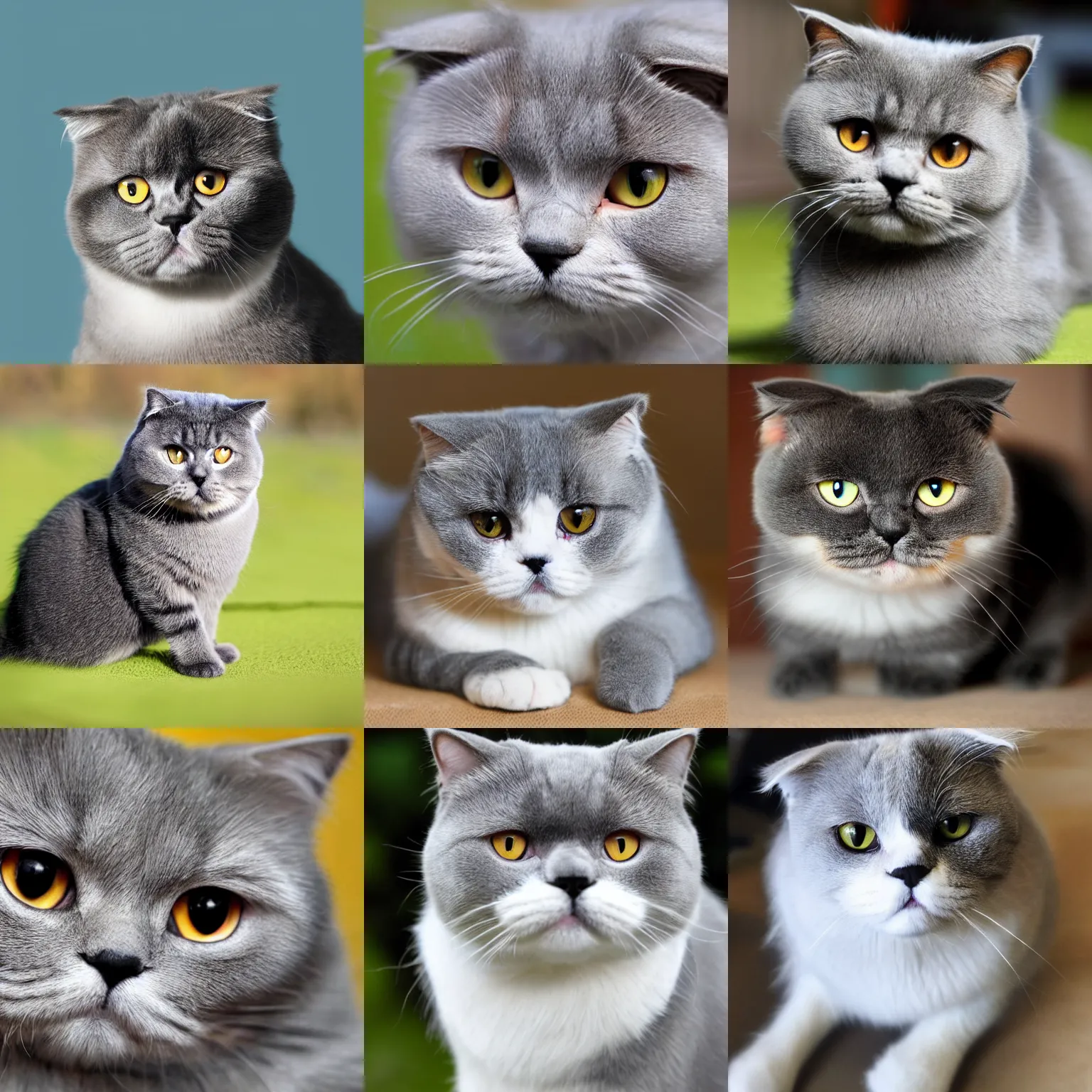 Prompt: a scottish fold cat, grey fur, yellow eyes