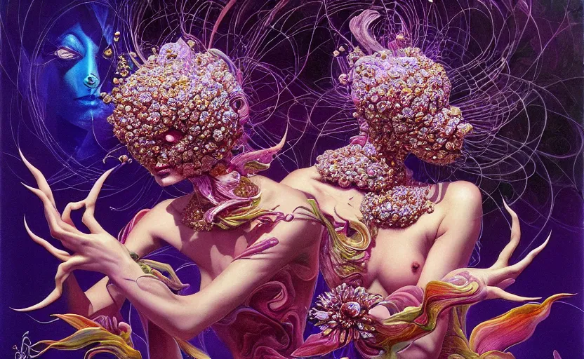 Prompt: flower creature, a lot of diamonds around, by anne mccaffrey, by francis bacon, smooth shading, by amano, by karol bak, greg hildebrandt, by mark brooks, by ashley wood, by alex grey, by zdzisław beksinski, 8 0's sci - fi, retro, wrapped thermal background