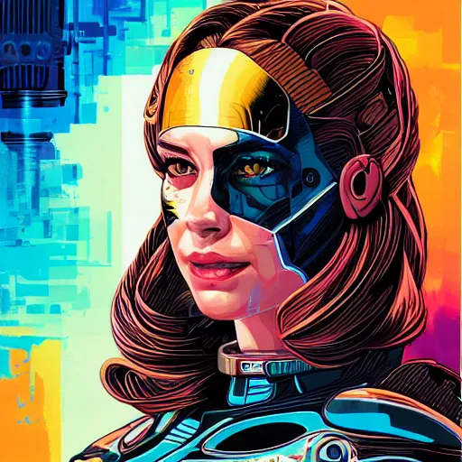 Prompt: a portrait of a female android, by Dan Mumford and Sandra Chevrier, 4k