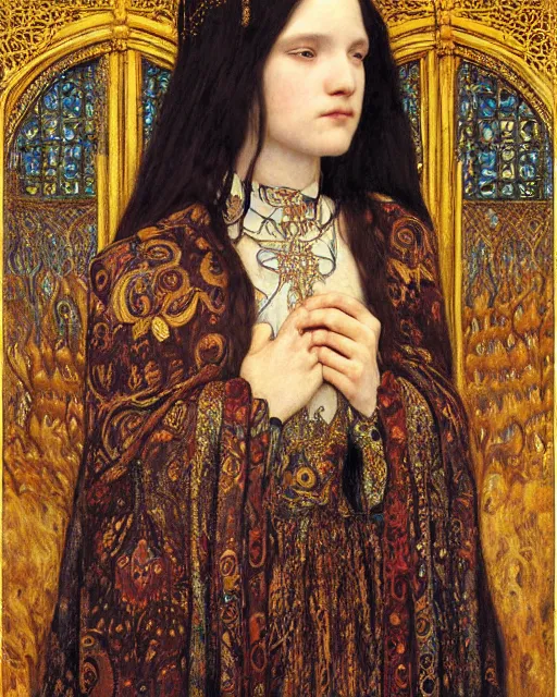 Prompt: portrait of a beautiful young gothic princess in ornate robes hyper - detailed realistic face portrait by jean delville, jacek malczewski, krenz cushart, gustav klimt, and maxfield parrish, gothic, neo - gothic, art nouveau, neo - classical, symbolist, visionary, pre - raphaelite,