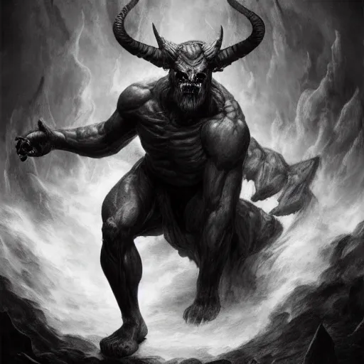 Image similar to full body, grayscale, James Daly, Gustave Dore, muscled humanoid balrog demon, horns, claws, large horned tail, heroic pose, swirling flames