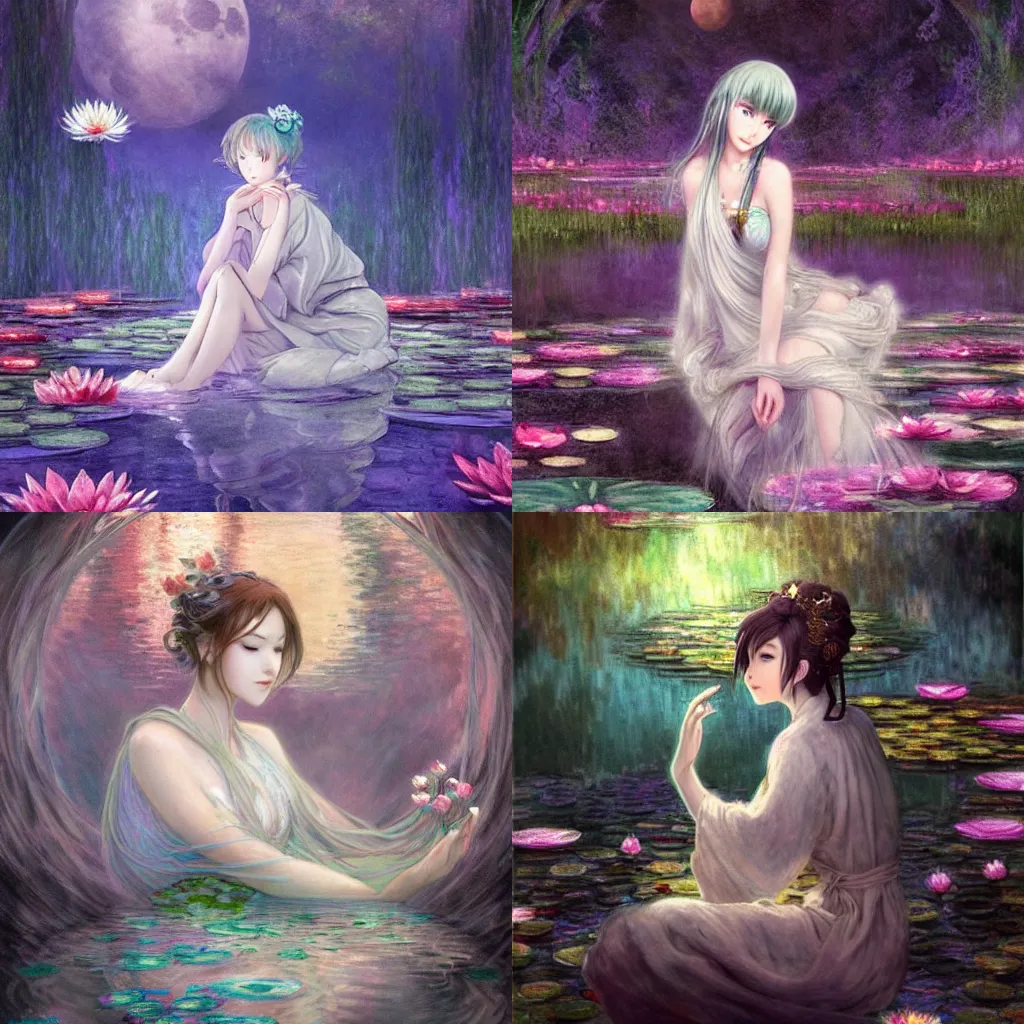 Prompt: whimsical, anime mystical goddess with professional makeup, flowing robes, sitting in reflective pools underneath a moon, water lilies, trending on patreon, deviantart, twitter, artstation, subtle and detailed, heavy contrast, art style by yuchenghong, claude monet, tomas kinkade,