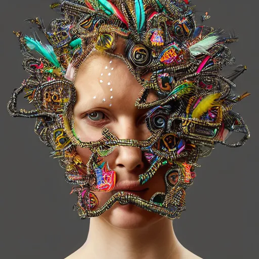 Image similar to a woman with a weird head piece on her head, a flemish baroque by alexander mcqueen, panfuturism, made of paperclips, made of insects, made of feathers, hybrid, bold natural colors, masterpiece, trending on artstation, photograph