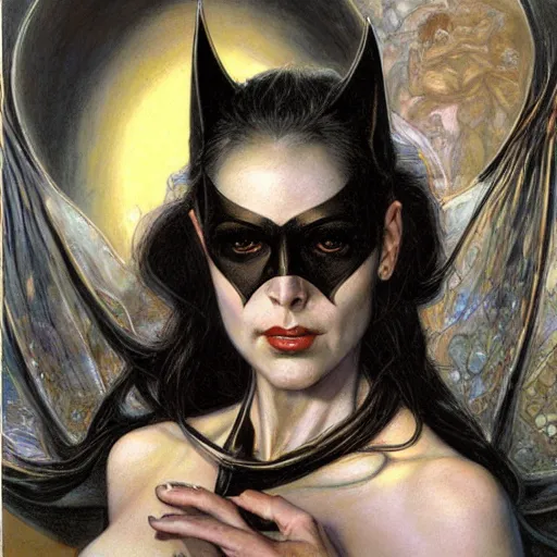 Image similar to portrait of the bat goddess, by donato giancola and gustave courbet.