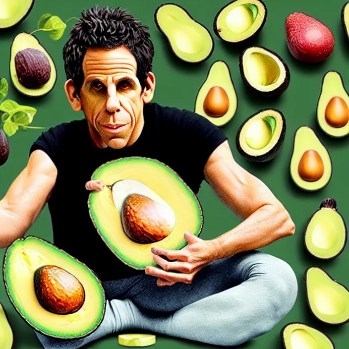 Image similar to ultra realistic illustration of ben stiller in the lotus position balancing stack of avocado on his head