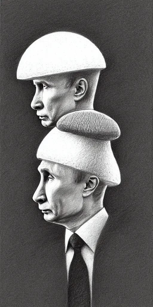 Image similar to vladimir putin with a nuclear mushroom cloud hat, cartoonish, ultra detailed pencil drawing