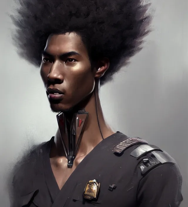 Image similar to portrait of a man by greg rutkowski, he is about 2 5 years old, mixture between afroamerican and japanese, afro hair, geisha tatoos, very tall and slender, he is wearing a futuristic police gear, highly detailed portrait, digital painting, artstation, concept art, smooth, sharp foccus illustration, artstation hq