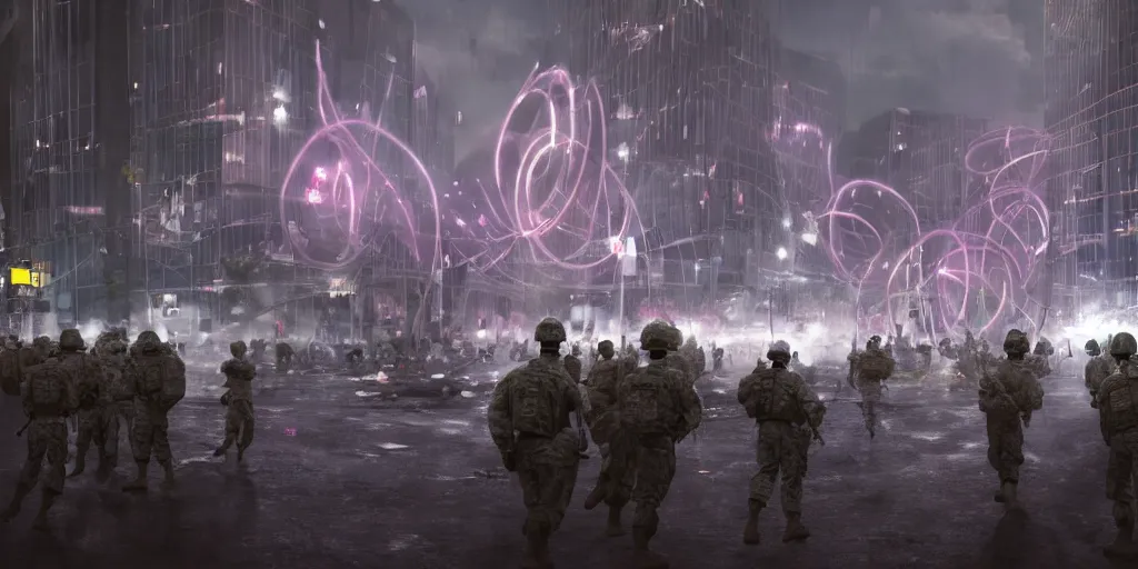 Prompt: army protecting a spiral - shaped bright white luminous attractor right in the center of the city from protesting people, crawd of people, rain and light fog, professional lighting, concept art in 3 d, high detail, professional lighting, unreal engine