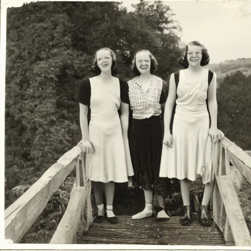 Prompt: a vintage 1 9 3 0 s photograph of three cheerful young ladies posing on a timber bridge in the countryside.