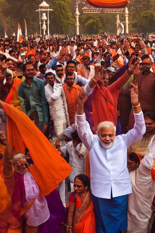 Image similar to narendra modi dancing in india gate closeup, india, detailed, photography alexey kurylev, cinematic