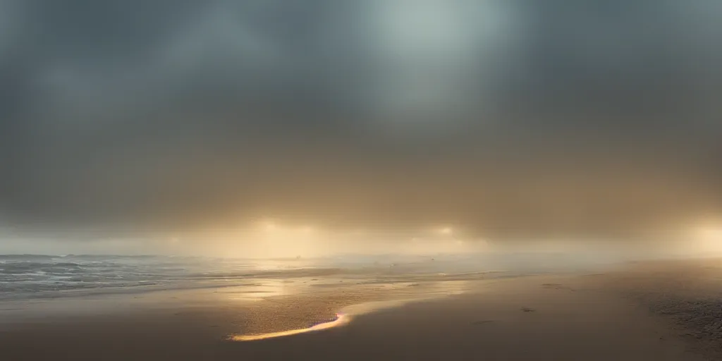 Prompt: Australian Beach, fog, rain, volumetric lighting, beautiful, golden hour, sharp focus, highly detailed, cgsociety