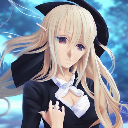 Image similar to blonde anime girl with long hair, wearing headmistress uniform, talking with snooty aloof anime man with black emo hair, sharp details, subsurface scattering, intricate details, art by artgerm, anime, anime hd wallpaper, 2 0 1 9 anime screenshot