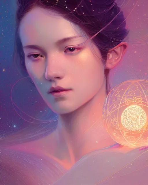 Prompt: harmony of the spheres, fractal crystal, beautiful goddess, ( beauty portrait ) by wlop, james jean, victo ngai, beautifully lit, muted colors, highly detailed, artstation, fantasy art by craig mullins, thomas kinkade