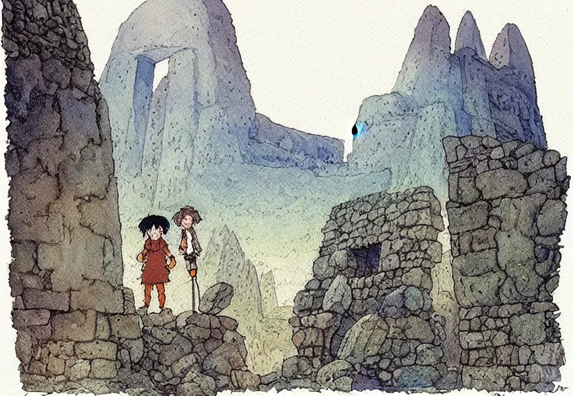 Prompt: a simple watercolor studio ghibli movie still fantasy concept art of a giant wizard standing in a tiny stonehenge in machu pichu. it is a misty starry night. by rebecca guay, michael kaluta, charles vess