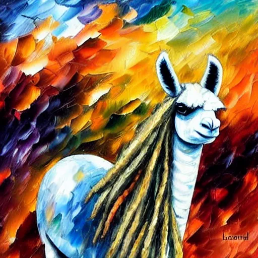 Prompt: llama with dreadlocks, heroic pose, by Leonid Afremov