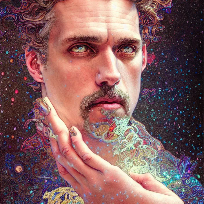 Image similar to psychedelic snowfall Jordan Peterson, diffuse lighting, fantasy, intricate, elegant, highly detailed, lifelike, photorealistic, digital painting, artstation, illustration, concept art, smooth, sharp focus, art by John Collier and Albert Aublet and Krenz Cushart and Artem Demura and Alphonse Mucha