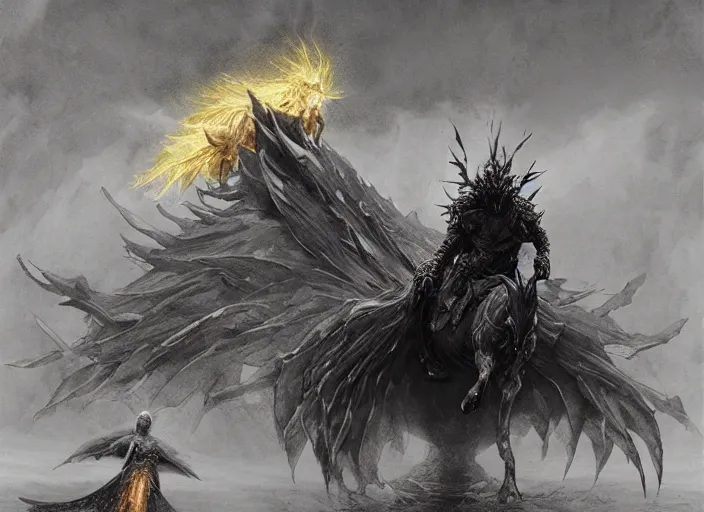 Image similar to nameless king riding a giant dark phoenix, storm king, beksinski, wayne barlowe, ruan jia, dark soul concept art