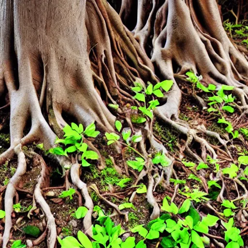 Image similar to tree roots learning to talk to fungus underneath the earth, a psychodelic experience, earthy tones