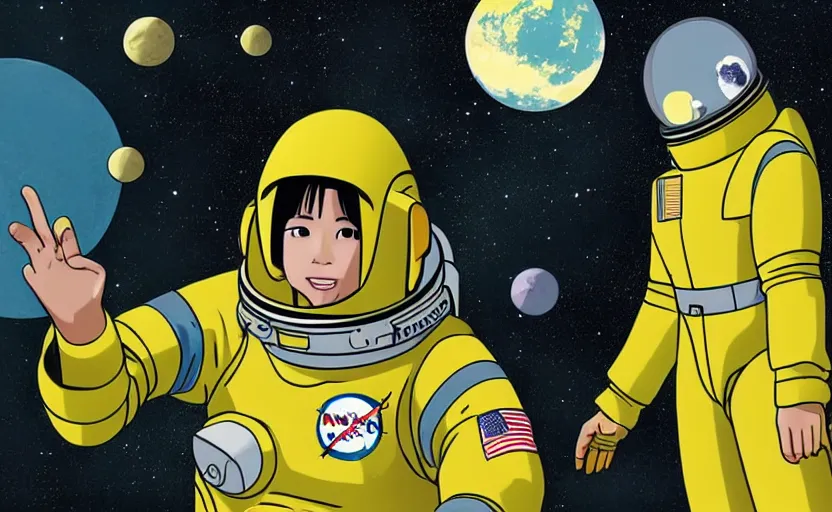 Image similar to yoko tsuno a female astronaut in slim yellow spacesuit floating in a scenic space environment next to spaceship