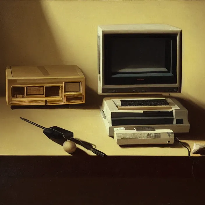 Image similar to still life painting of a retro monitor and a commodore 6 4 by pieter claesz, oil on canvas, strong lighting, highly detailed, hyper realism, golden hour, god rays, hd, 4 k