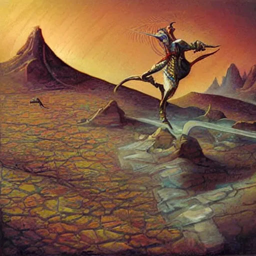 Image similar to A fresco painting of a nomadic wanderer traversing a corrupted futuristic crystal desert by Jacek Yurka, Kelly Freas