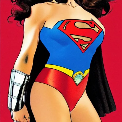 Image similar to megan fox as superwoman, fully body superhero portrait