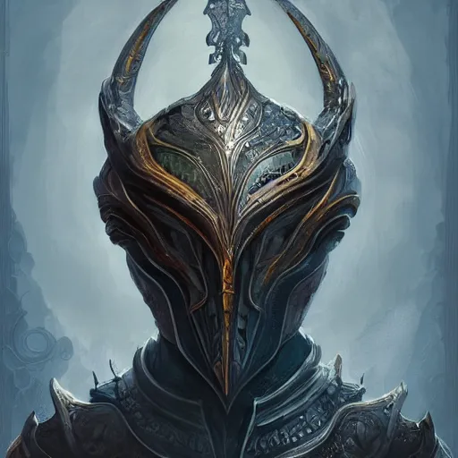 Prompt: An ornate front facing daedric helm, intricate, elegant, highly detailed, digital painting, artstation, concept art, smooth, sharp focus, illustration, art by anato Finnstark and Peter mohrbacher,