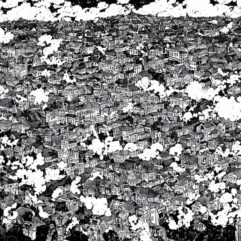 Image similar to field on fire, demons attacking humans, destroyed town in background, black and white, manga