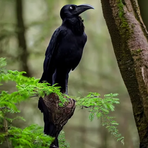 Prompt: anthropomorphic crow standing upright, photograph captured in a forest