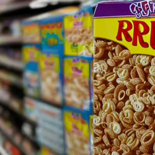 Image similar to close up of a perfectly normal cereal box on the shelf at the grocery store, highly detailed, high definition, ultra realistic