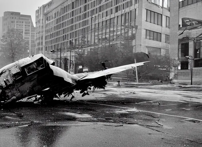 Prompt: black and white photograph of a crashed military jet in downtown kansas city missouri, rainy and foggy