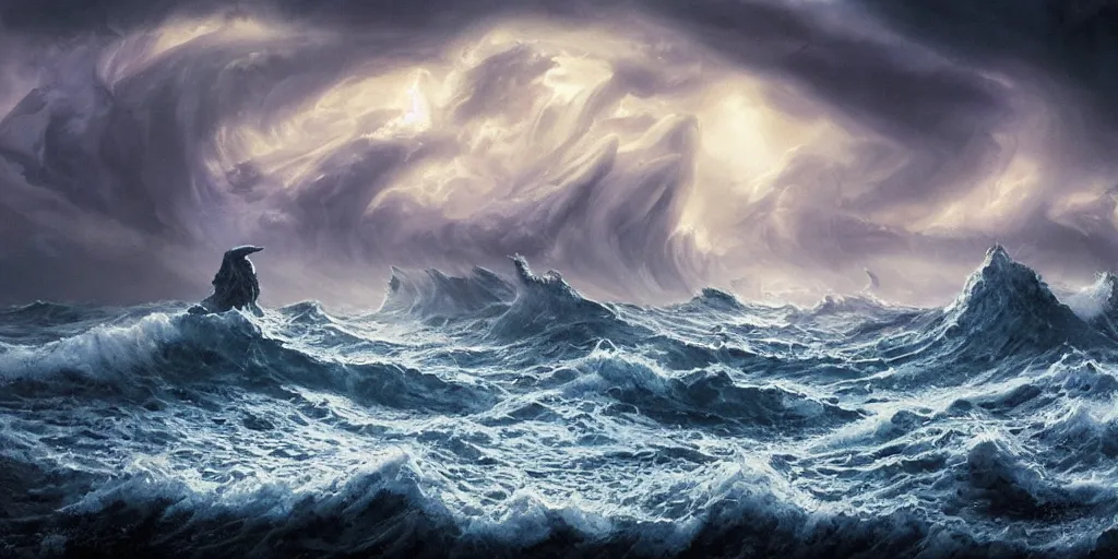 Image similar to evil eldritch lovecraftian scenery seascape, lord of the rings, rough oceans, aurora borealis, mist, leviathan, tentacles, stormy weather, waves, highly detailed, bleak color, perfect lighting, perfect composition, 8 k, brian froud, artgerm, derek zabrocki, greg rutkowski