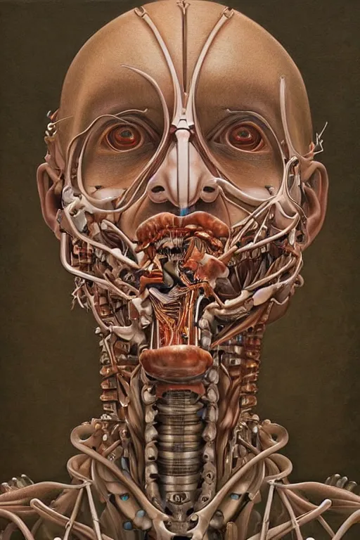 Image similar to beautiful portrait of biomechanical being by marco mazzoni, otomo katsuhiro, remnev andrey, detailed, realistic skin color