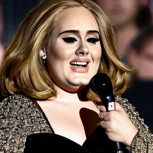 Image similar to Adele with the face of Danny Devito, concert, live performance, full body shot