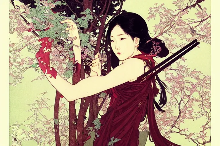 Image similar to beautiful cinematic fantasy poster, asian woman with 2 left arms side view using a bokken in forest ; intricate complexity, by shigenori soejima, krenz cushart, alphonse mucha, takato yamamoto, conrad roset, 4 k, beautiful, high quality - h 9 6 0