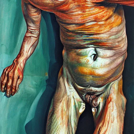 Image similar to high quality high detail painting of a man in agony by lucian freud and jenny saville and francis bacon, hd, anxiety, turquoise and orange