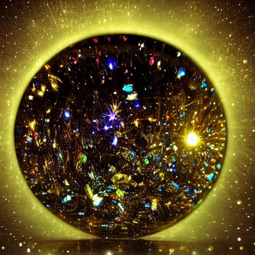 Image similar to light refraction, abstract, crystals, sparkles, in a dark studio room. magical and fantasy material, orb, polished.