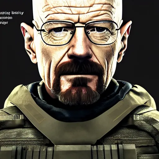 Prompt: Walter White wearing heavy modern military gear and holding a bulletproof shield, highly detailed, 8k octane render