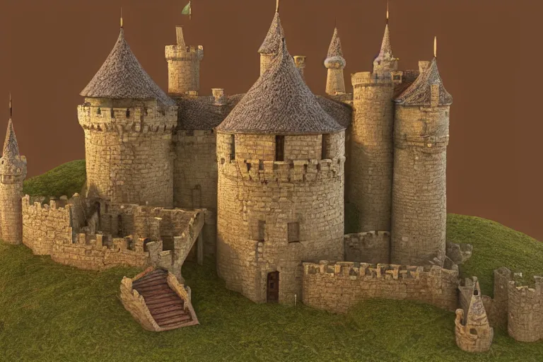 Prompt: miniature of a castle, style by Justin Gerard. Octane Render, bloom effect