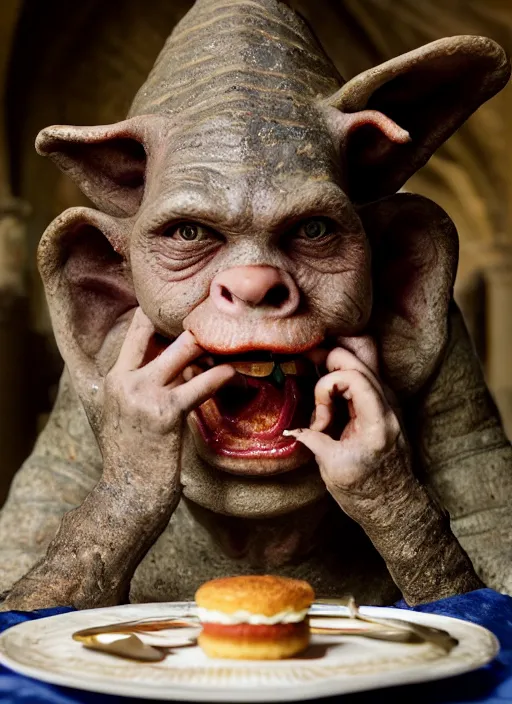 Image similar to closeup portrait of a medieval goblin eating cakes in the cloisters, depth of field, zeiss lens, detailed, symmetrical, centered, fashion photoshoot, by Annie Leibovitz and Steve McCurry, David Lazar, Jimmy Nelsson, Breathtaking, 8k resolution, extremely detailed, beautiful, establishing shot, artistic, hyperrealistic, beautiful face, octane render