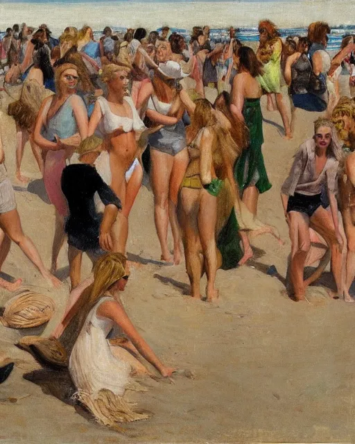 Prompt: a crowd of blonde women, beach