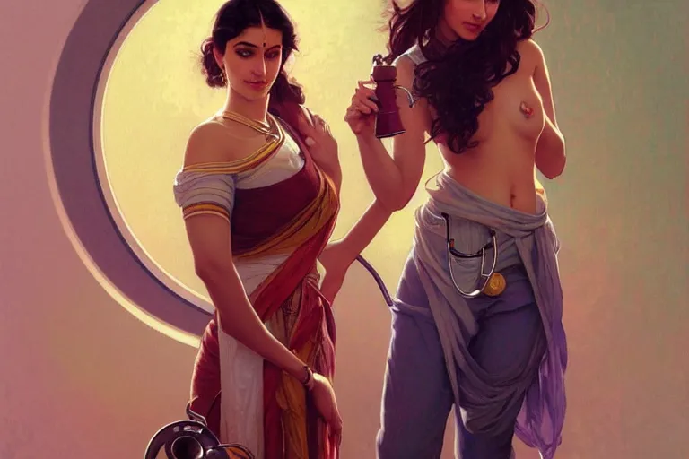 Image similar to sensual pale beautiful indian doctor in jeans with stethoscope, art deco portrait, elegant, intricate, digital painting, artstation, concept art, smooth, sharp focus, illustration, art by artgerm and greg rutkowski and alphonse mucha