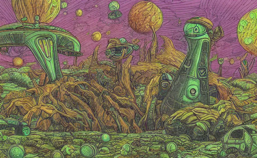 Image similar to intricately detailed color pencil drawing, retro spaceship crash landed on an alien forest landscape