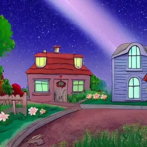 Prompt: quaint glass house village in the stars, warner brothers Animation