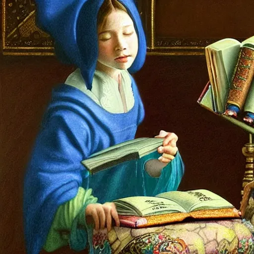 Image similar to a highly detailed fantasy pastel oil painting of a young wizard in ornate clothing lounging on a purpur pillow on the marble floor in front of her bookcase, studying an ancient tome. to the side is a potted plant and some blue candles. ancient oriental fantasy setting. in the style vermeer and mark tedin