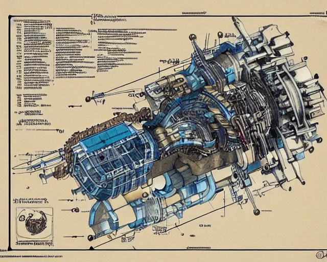 Prompt: a full page of a mechanical blueprint showing a simple cutaway design for a small mechanized wolf from howl's moving castle ( 2 0 0 4 ), with a pilot inside, muted colors, post grunge, studio ghibli, hq